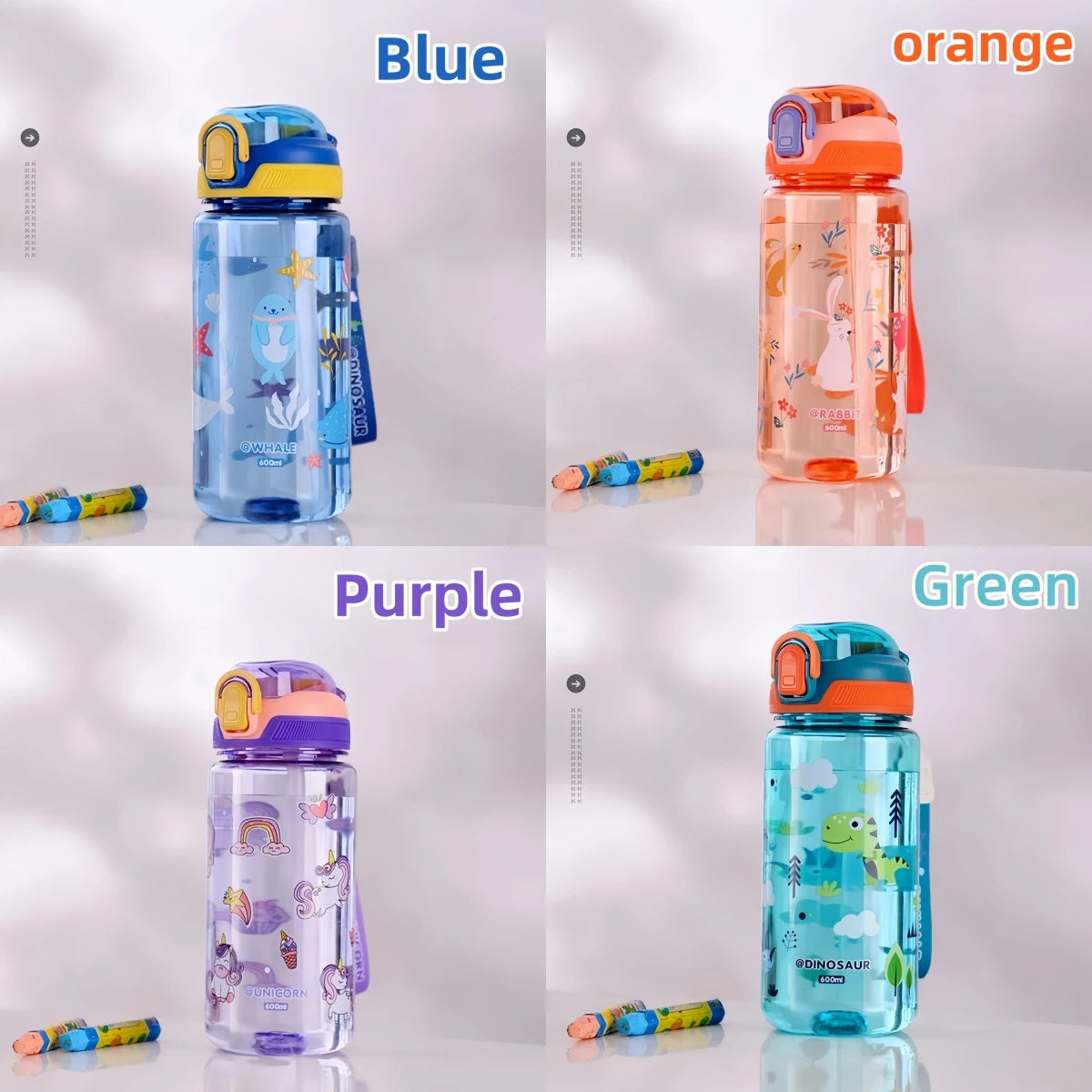 600ml Dinosaur Kids Water Bottle Leakproof Sippy Cup with Straw