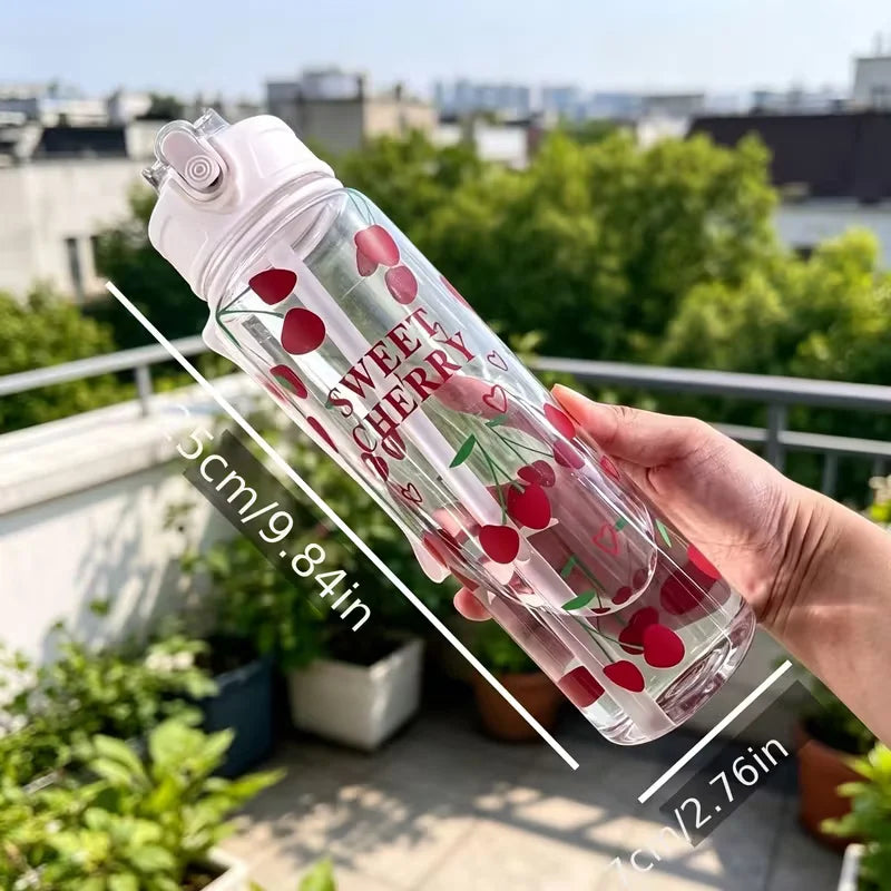 750ml Floral Strawberry Water Bottle Leak Proof Straw Tumbler with Handle