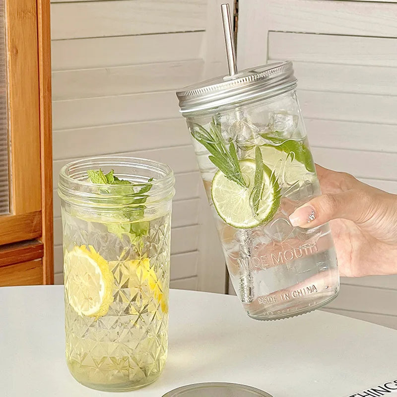 650ml Glass Coffee Cup with Straw and Lid Transparent Iced Drink Mug - 23