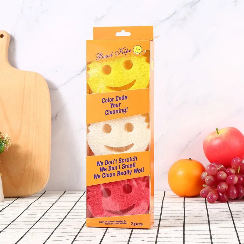 3 Pack Smiley Face Kitchen Cleaning Sponges Dishwashing Scrubbers - 12
