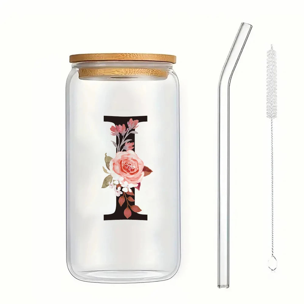 500ml Floral Alphabet Glass Cup with Bamboo Lid and Straw Coffee Mug