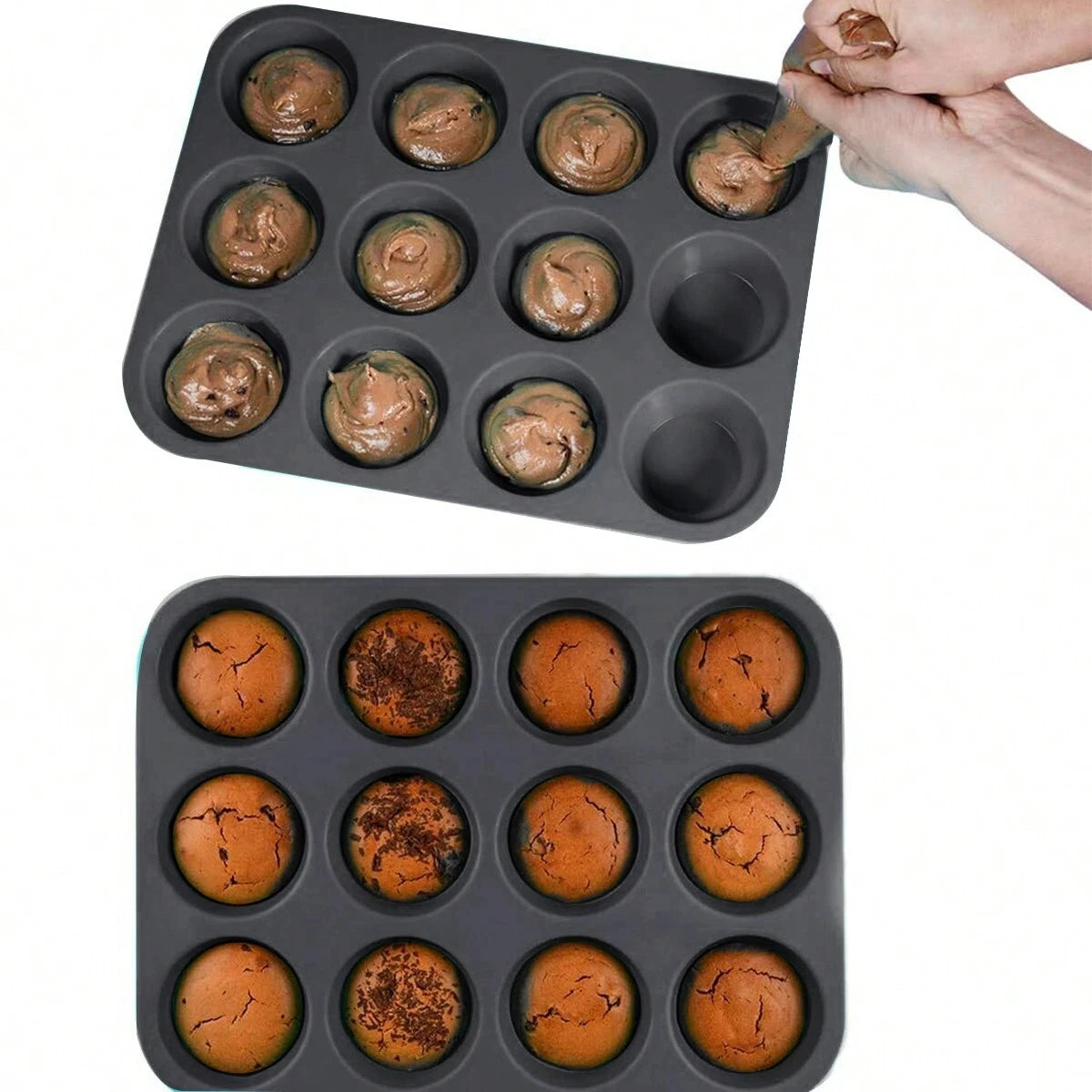 12-Cup Silicone Muffin Pan Nonstick Cupcake Baking Mold Tray - 6