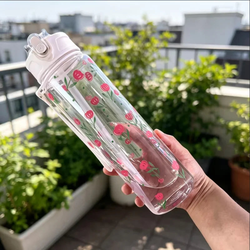 750ml Floral Strawberry Water Bottle Leak Proof Straw Tumbler with Handle