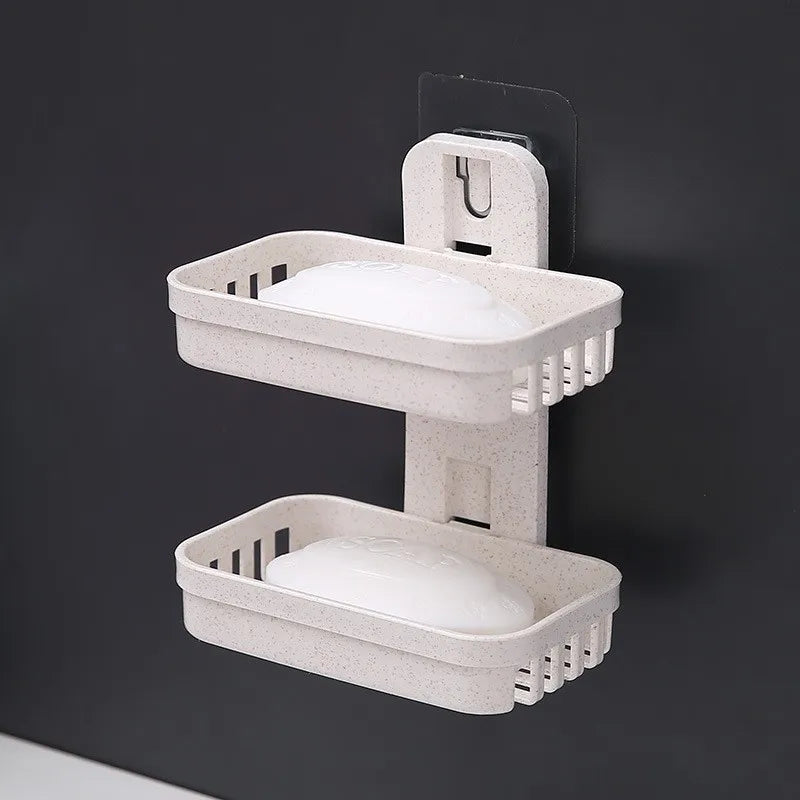 Double Layer Wall Mounted Soap Dish No Drill Bathroom Storage Rack