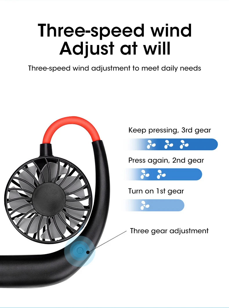 Portable Neck Fan Rechargeable Hands Free Personal Cooling Fan 3 Speed