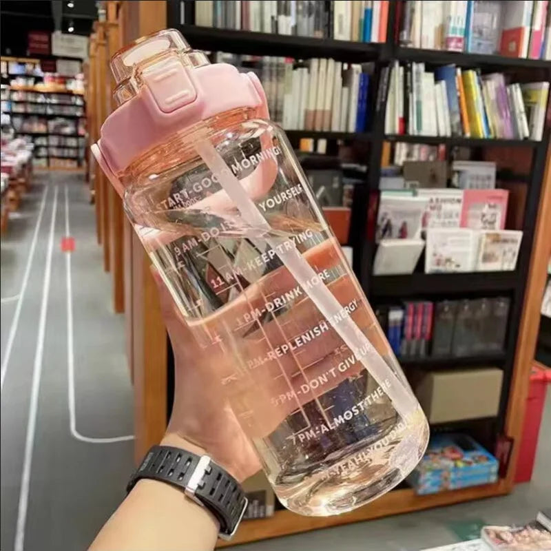 2L Motivational Water Bottle with Straw and Time Marker Fitness Jug