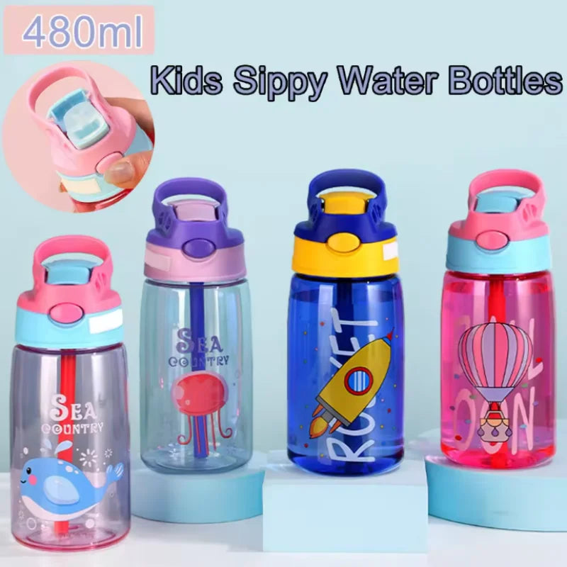 Kids Sippy Water Bottle 480ml BPA Free Cartoon Straw Cup for Toddlers