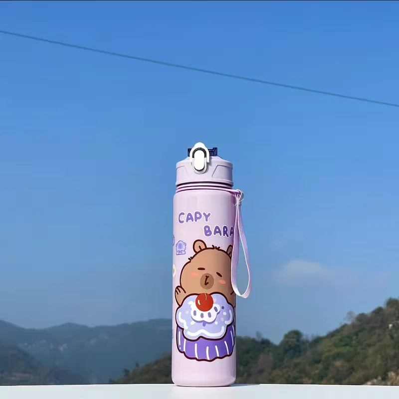 750ml Cute Capybara Water Bottle with Straw and Carrying Strap - 29