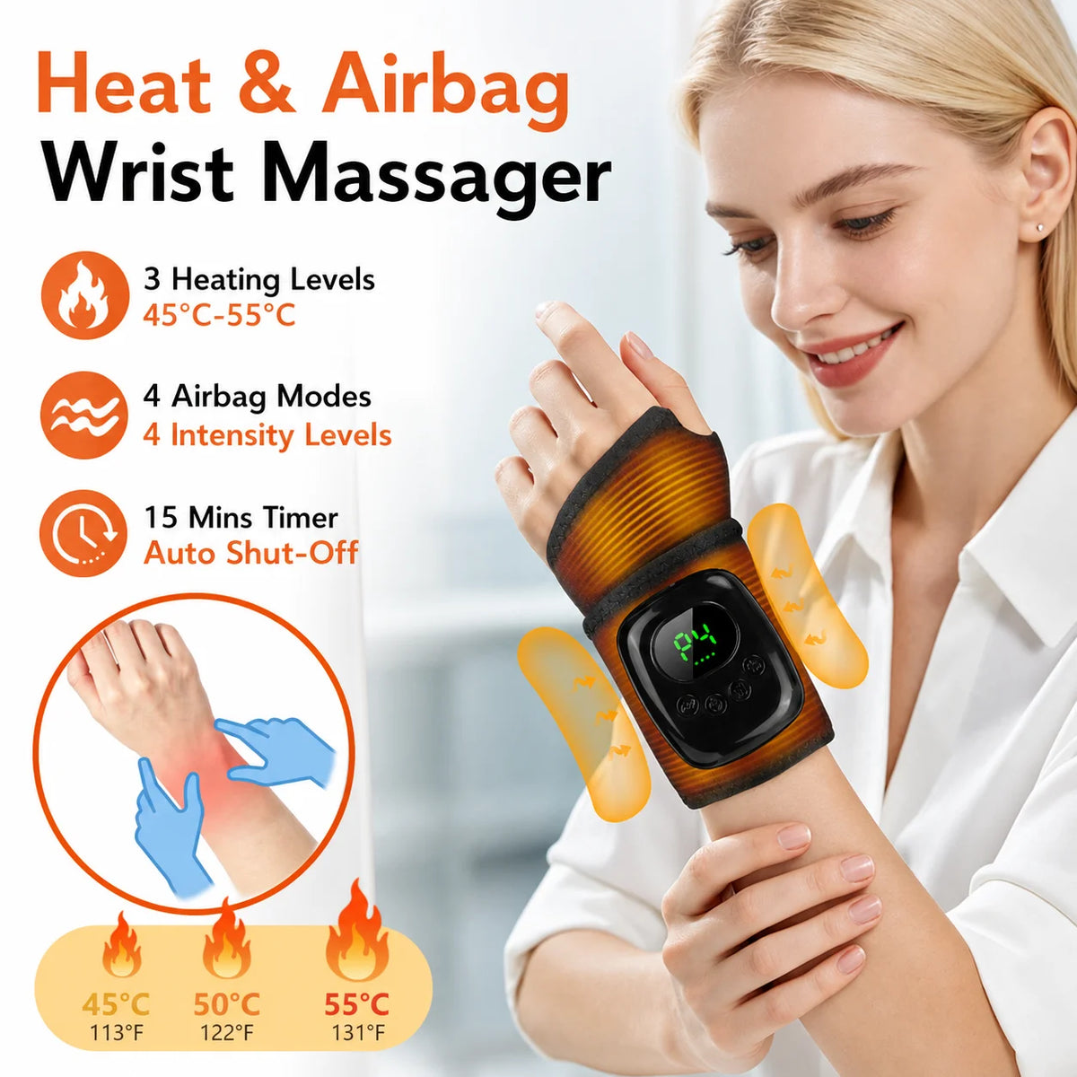 Cordless Heated Wrist Massager Air Compression Hand Wrap