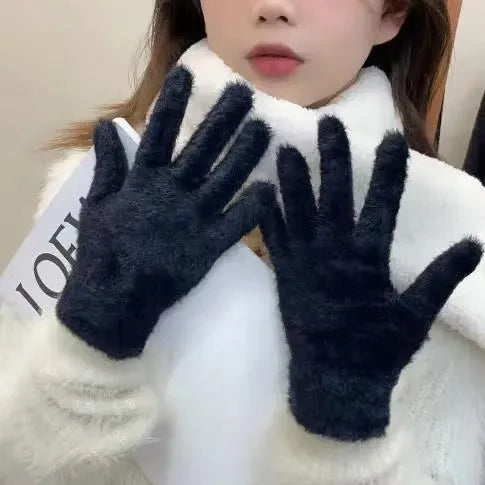 Women Winter Plush Warm Gloves Soft Five Finger Cold Proof Mittens
