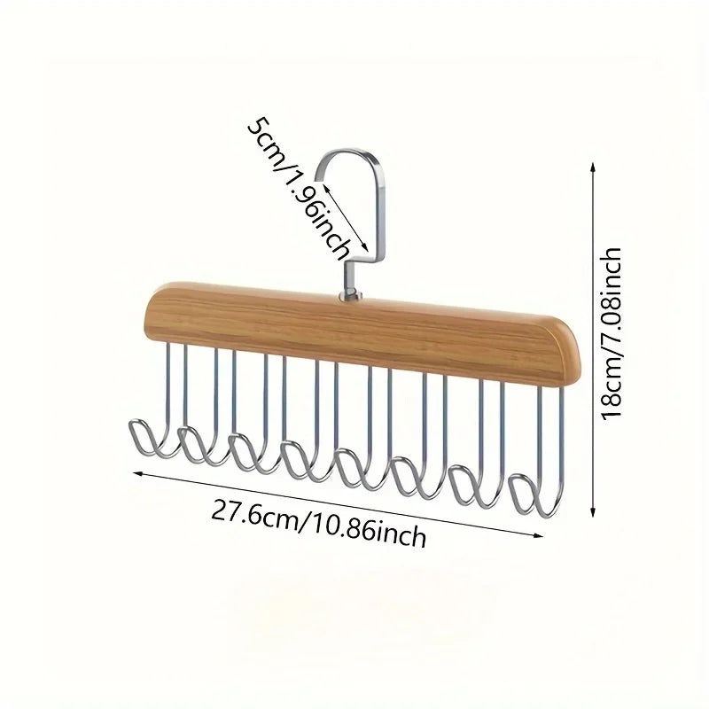 8 Hook Wooden Closet Organizer Rack for Belts Ties and Accessories