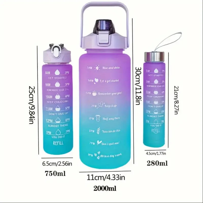 3Pc Gradient Water Bottle Set Large Fitness Motivational Jug with Straw