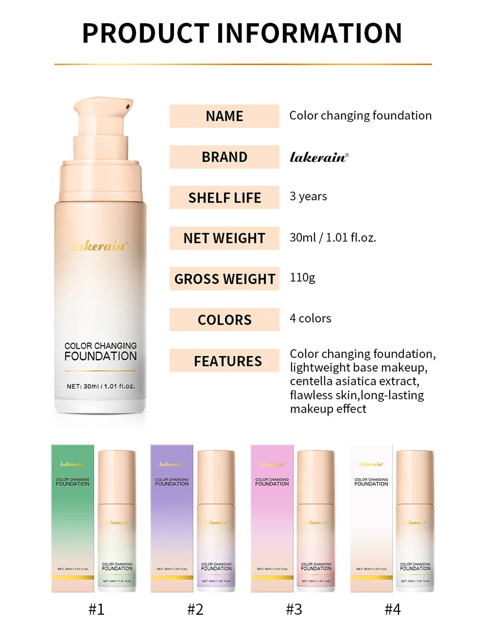 Lakerain Color Changing Liquid Foundation Moisturizing Base Makeup