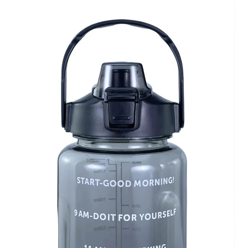 2L Large Sports Water Bottle Motivational Straw Jug Fitness Gym Cup