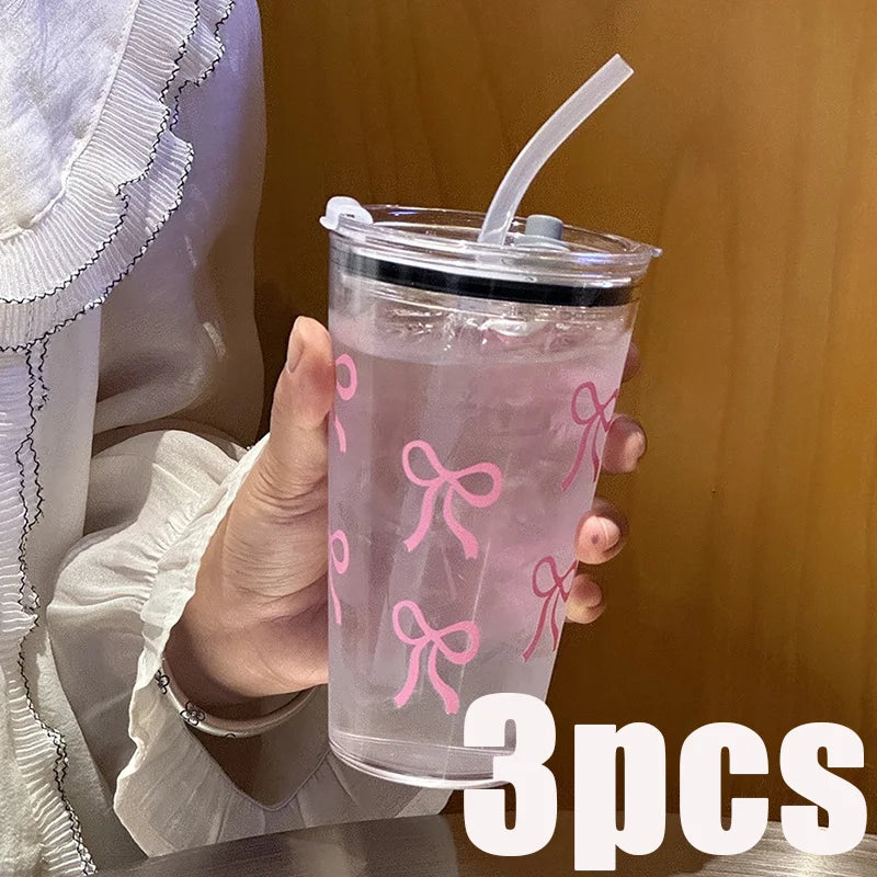Pink Bow Plastic Tumbler with Straw and Lid Transparent Drink Mug - 14