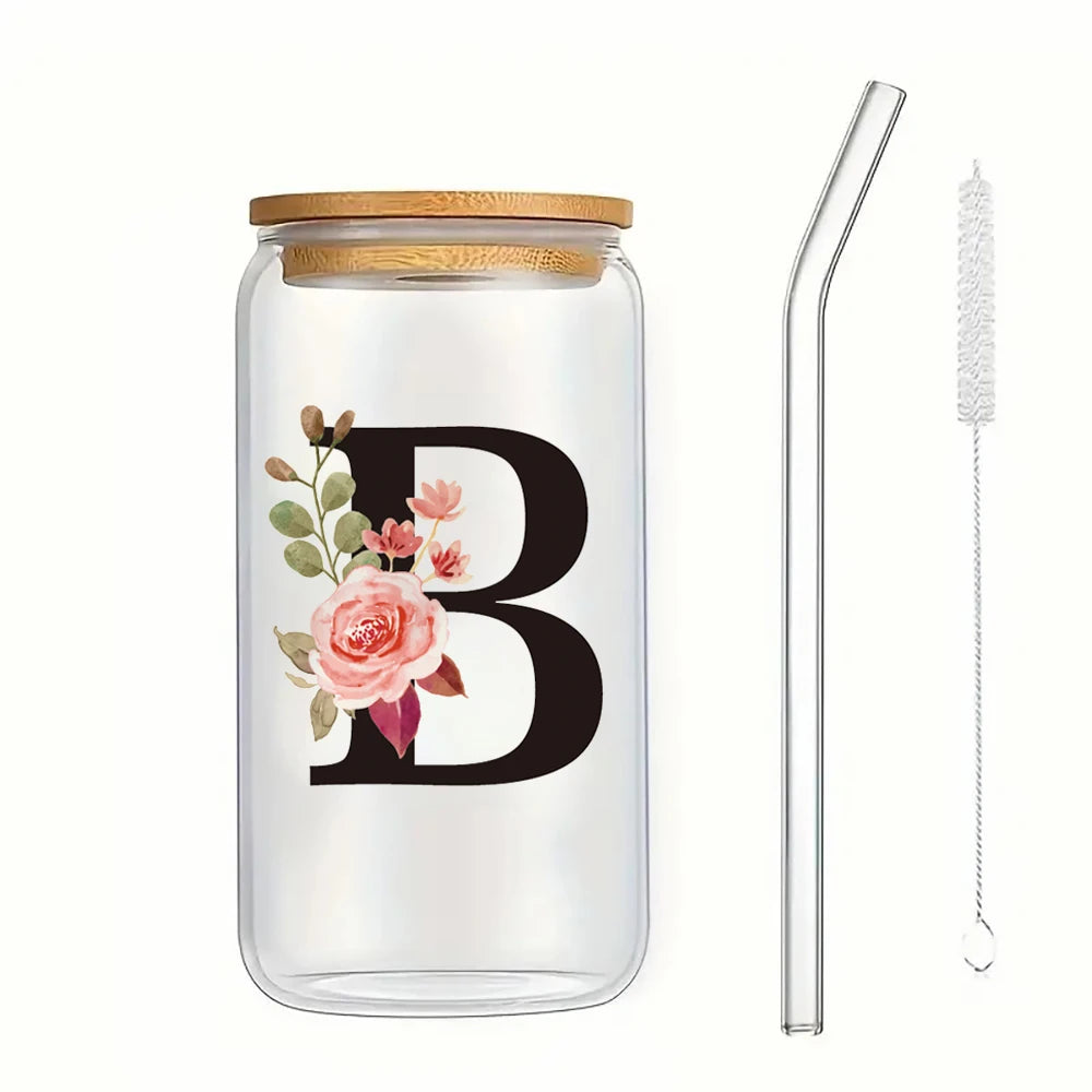 500ml Floral Alphabet Glass Cup with Bamboo Lid and Straw Coffee Mug - 15