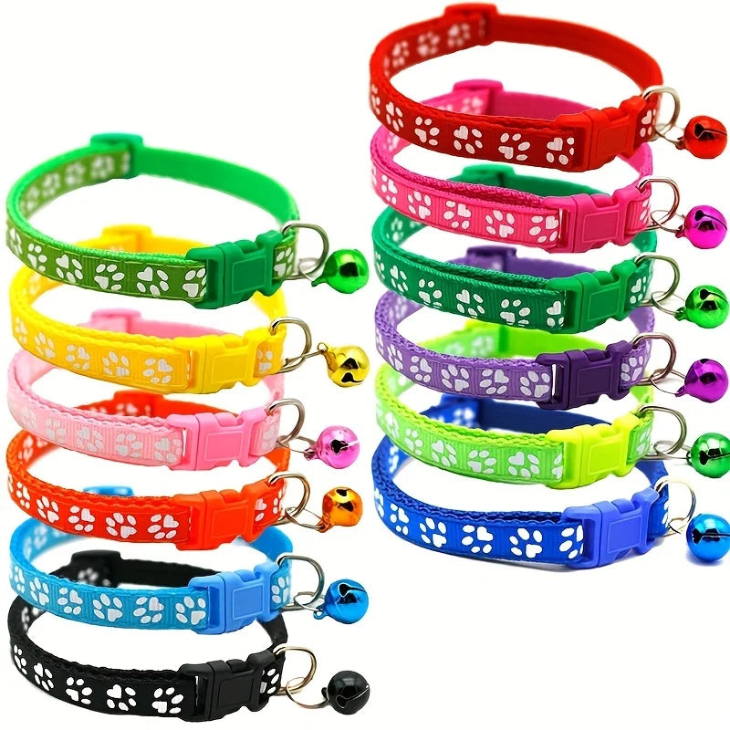 Adjustable Dog Cat Collar with Paw Print Pattern and Safety Bell - 1