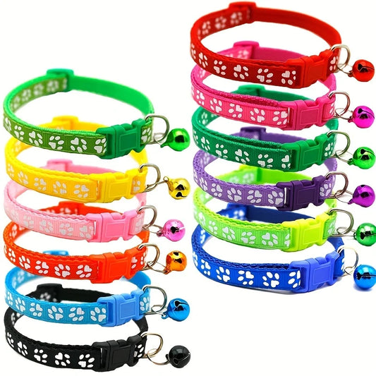Adjustable Dog Cat Collar with Paw Print Pattern and Safety Bell