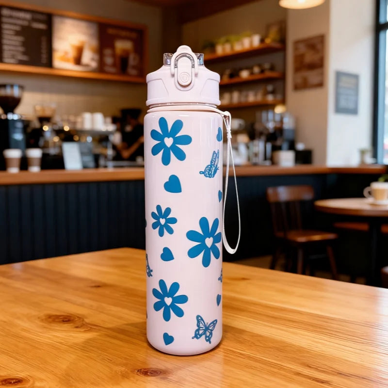 750ml Cute Pattern Water Bottle Leak Proof Sports Jug with Straw Strap