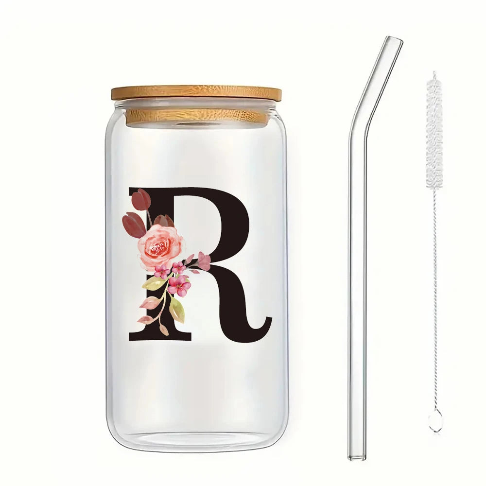 500ml Floral Alphabet Glass Cup with Bamboo Lid and Straw Coffee Mug