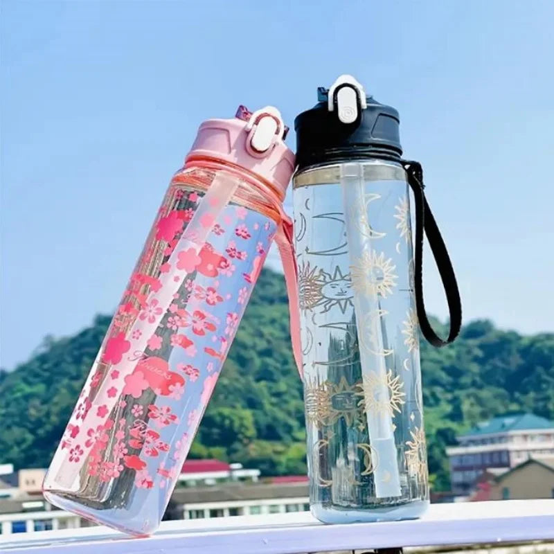 800ml Printed Space Water Bottle with Straw and Portable Carry Strap