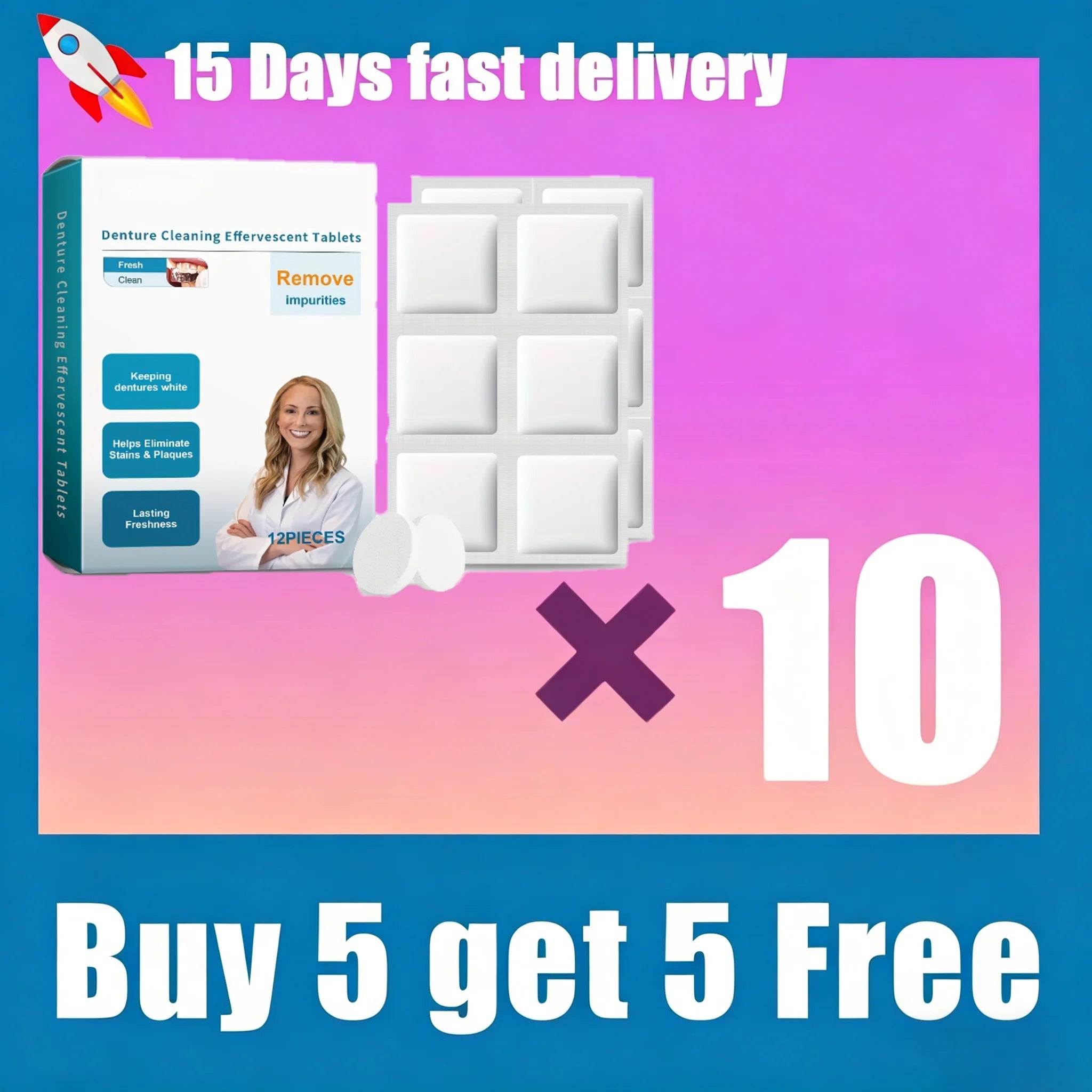Denture Cleaning Tablets Effervescent Soak With Case And Brush - 8