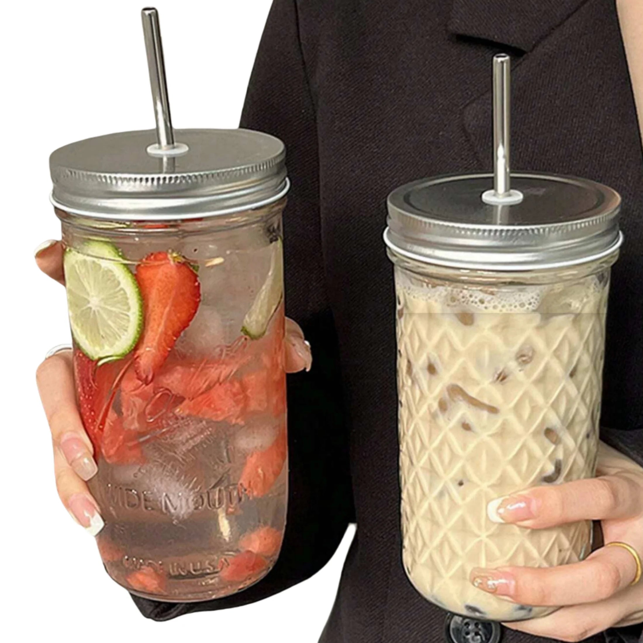 650ml Glass Coffee Cup with Straw and Lid Transparent Iced Drink Mug - 19