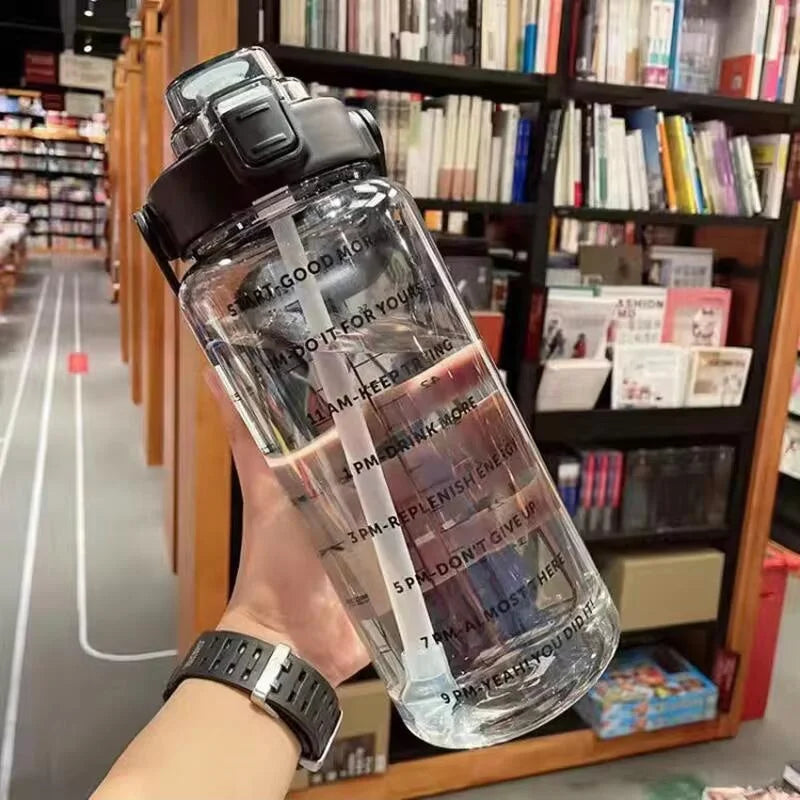 2L Motivational Water Bottle with Straw Time Marker Fitness Sport Jug