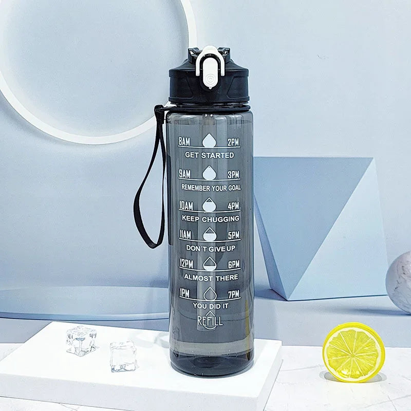 Motivational Sports Water Bottle with Time Marker and Leak Proof Straw