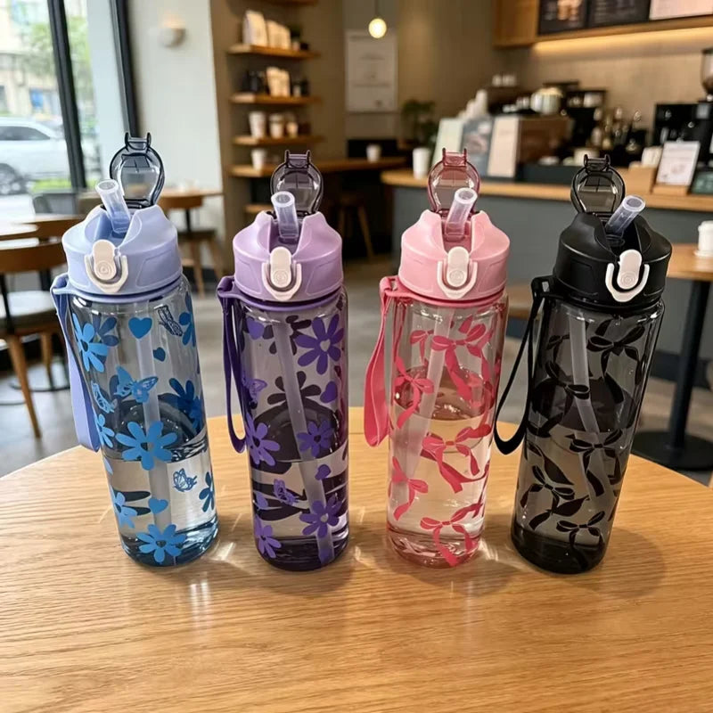 750ml Floral Straw Water Bottle Aesthetic Sport Cup with Carry Handle - 3