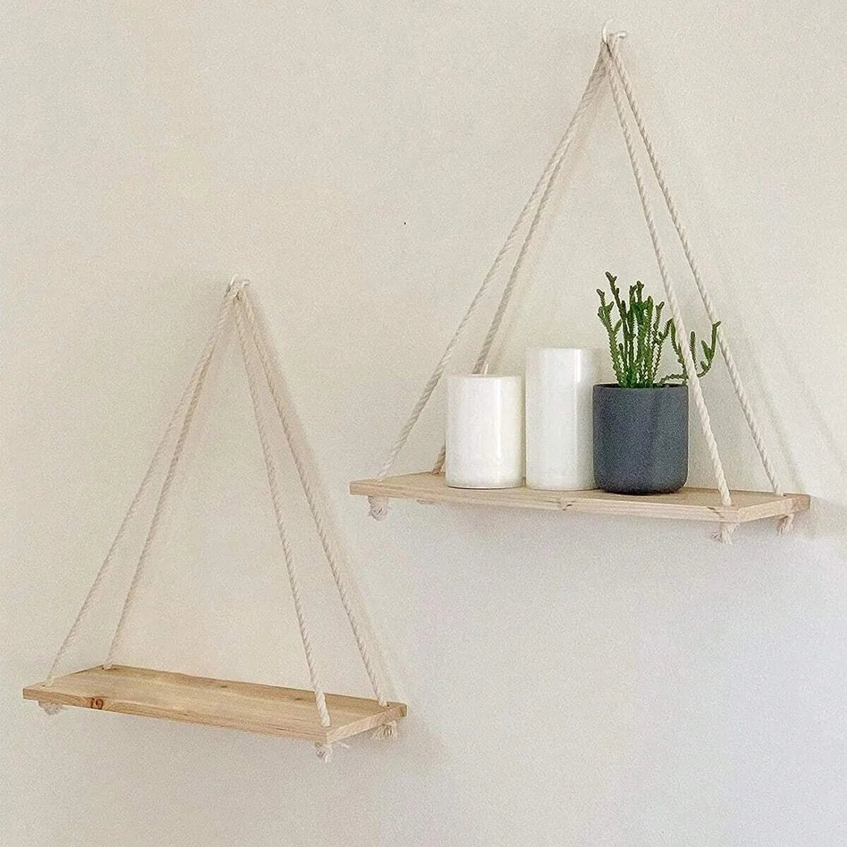 Wooden Hanging Wall Shelf Floating Rope Decor for Plants and Storage