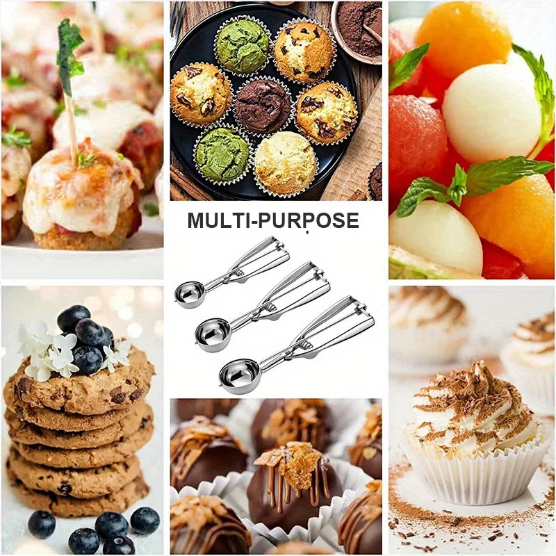 3pc Stainless Steel Ice Cream Scoop Set Trigger Cookie Dough Baller