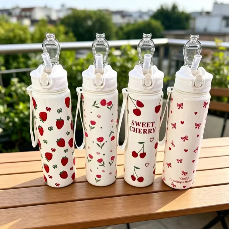 750ml Floral Strawberry Cherry Water Bottle Sports Tumbler with Straw