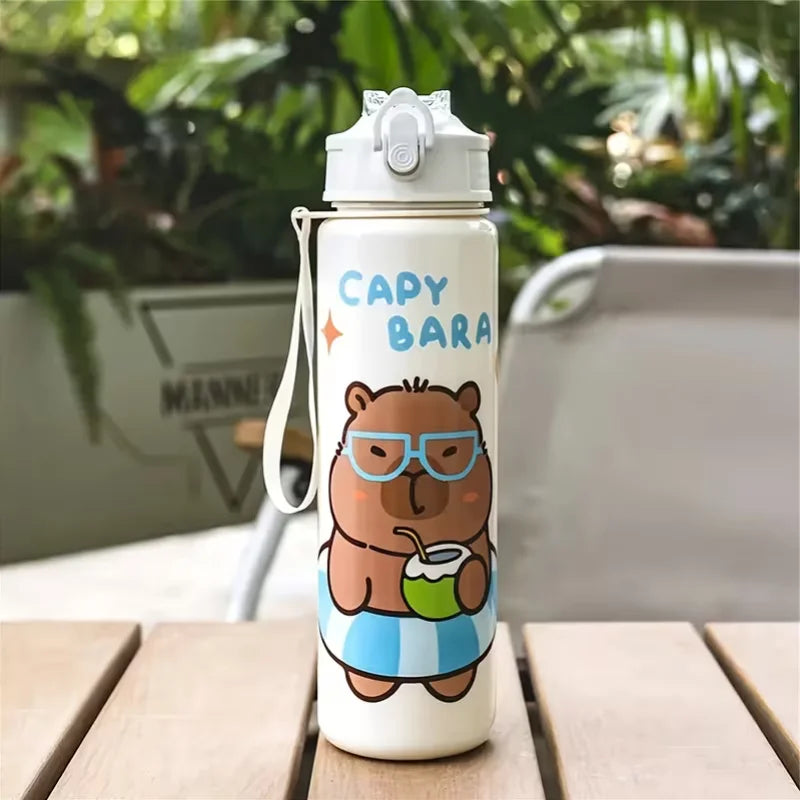750ml Cute Capybara Water Bottle with Straw and Carrying Strap - 13
