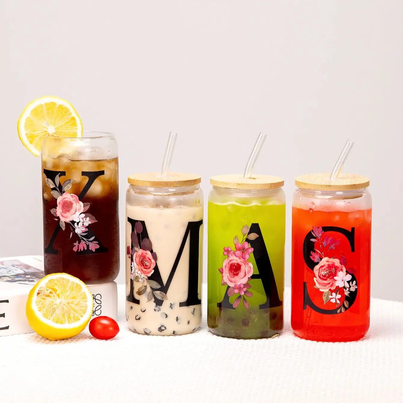 500ml Floral Alphabet Glass Cup with Bamboo Lid and Straw Coffee Mug - 3