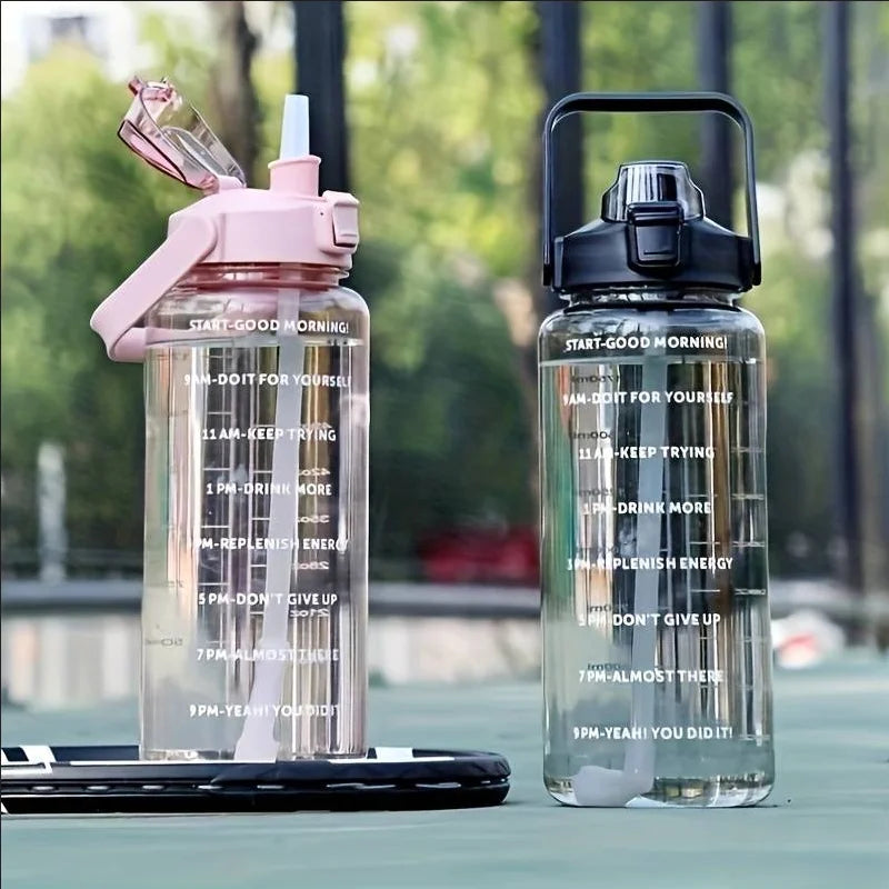 2L Large Motivational Water Bottle with Time Marker and Straw - 2