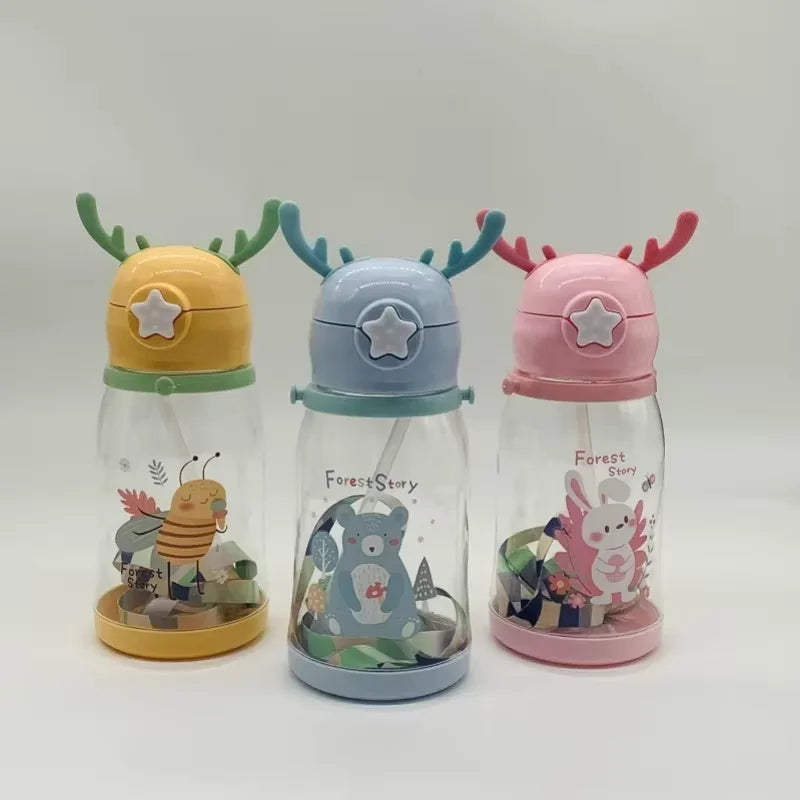 Kids Antler Straw Water Bottle Cute Cartoon Drinking Cup 600ml