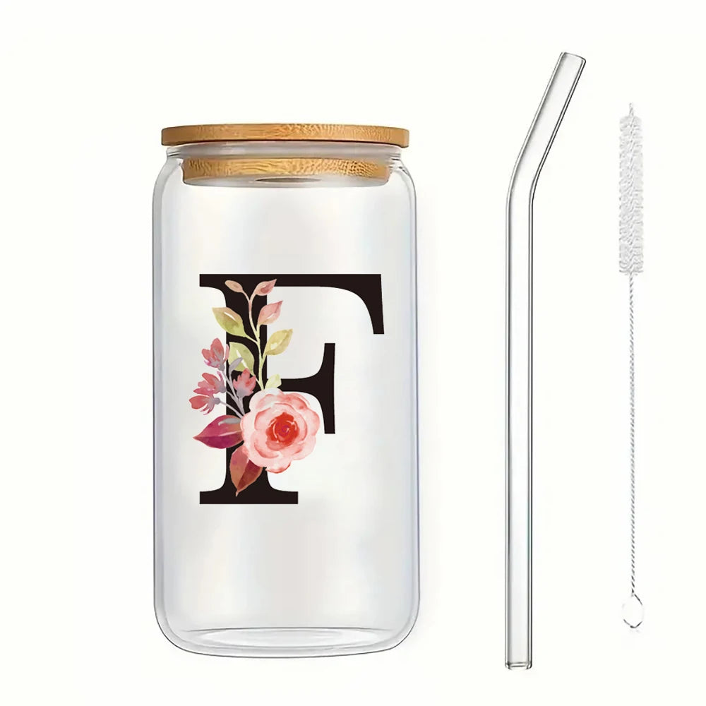 500ml Floral Alphabet Glass Cup with Bamboo Lid and Straw Coffee Mug