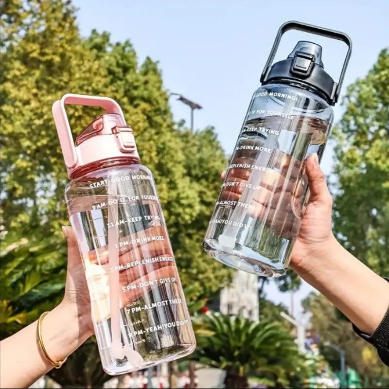 2L Large Water Bottle with Time Marker Straw and Portable Carry Handle