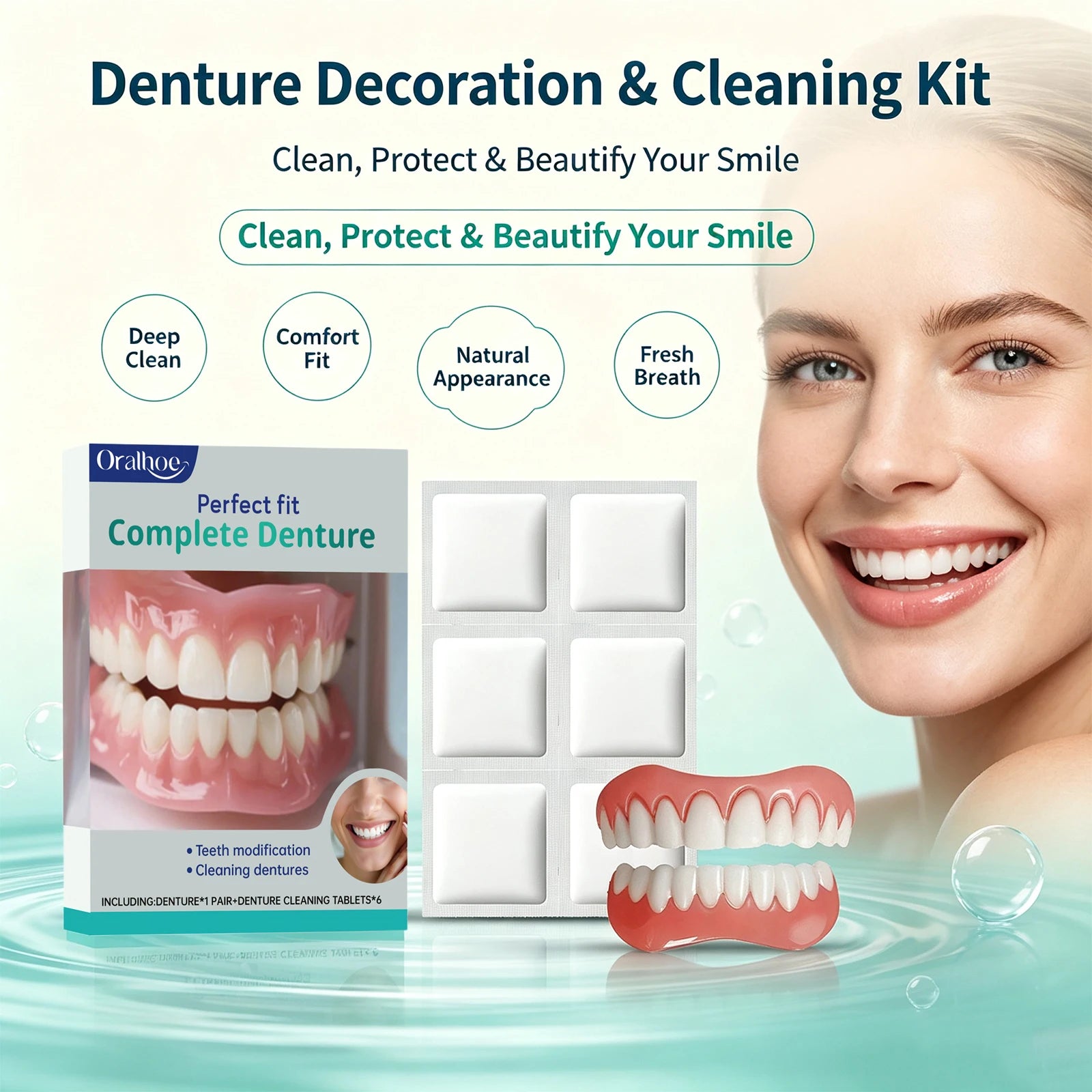 Oralhoe Cosmetic Denture Kit Upper and Lower Teeth with Cleaning Tablets - 3