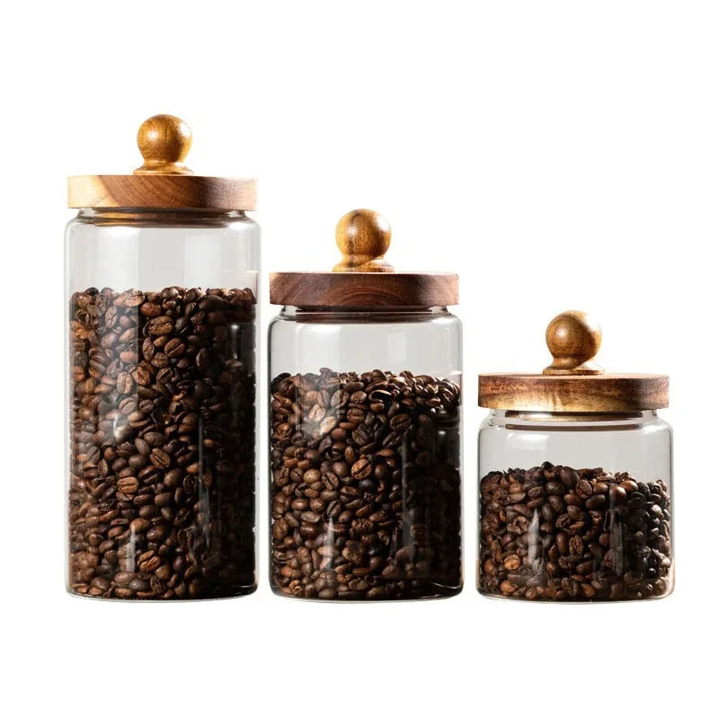 Glass Airtight Food Storage Jar with Wood Lid Kitchen Organizer Canister