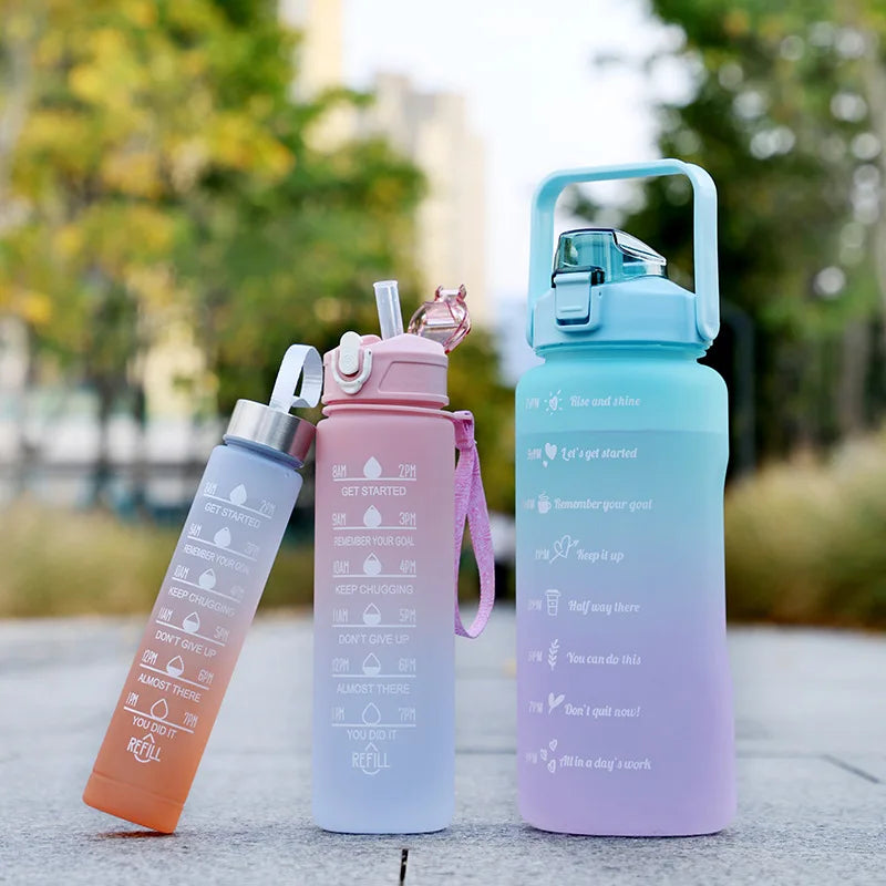 3-Piece Motivational Water Bottle Set with Time Marker and Straw