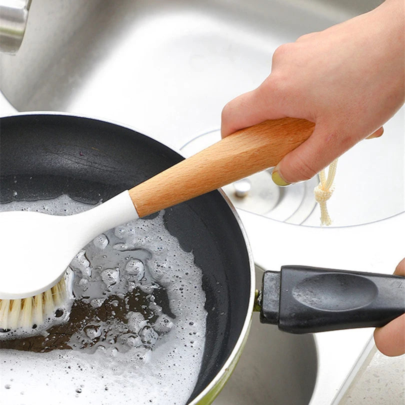 Long Handle Wooden Dish Brush Beech Bowl Scrubbing Brush for Kitchen - 2