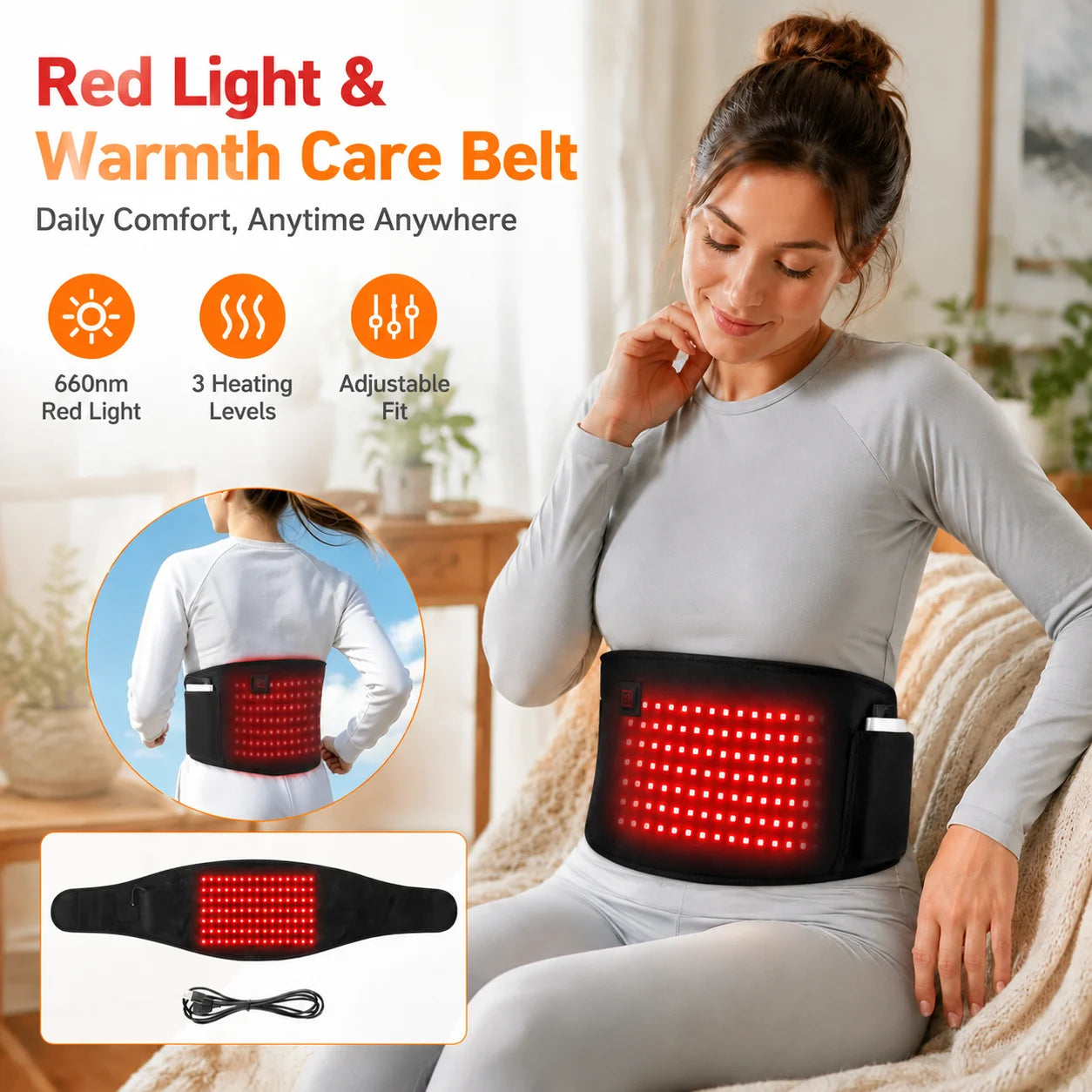 USB Red Light Waist Belt Heating Pad for Cramps and Back Pain - 1