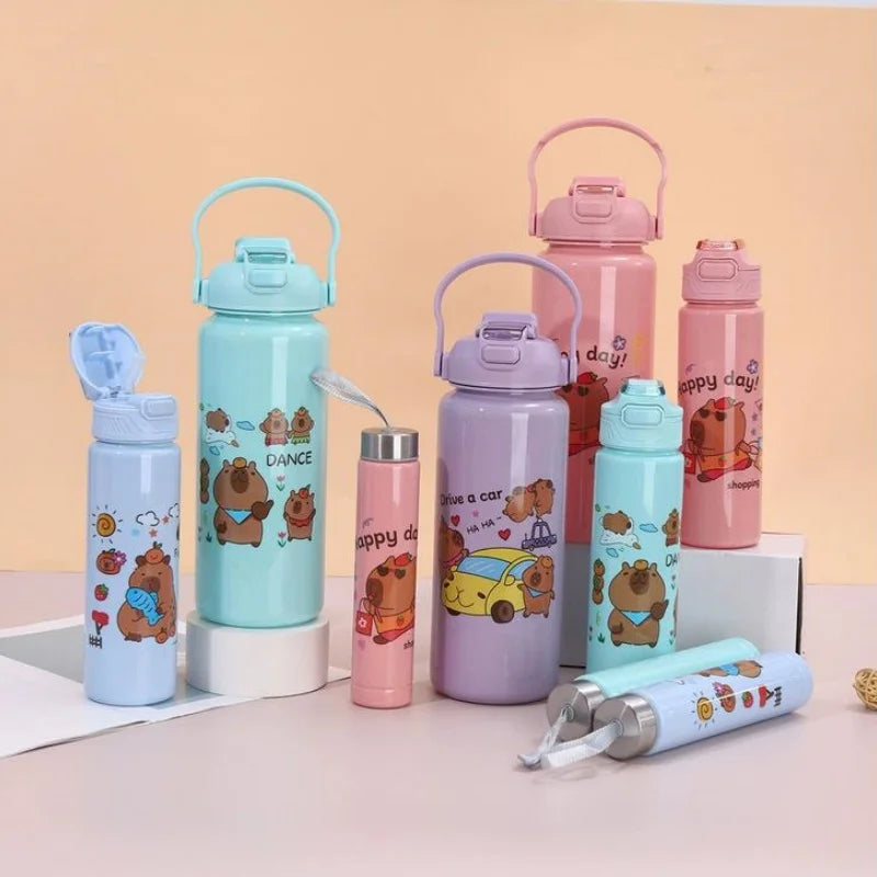 3Pcs Capybara Motivational Water Bottle Set Portable Sports Jugs