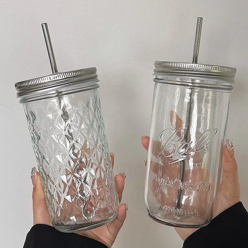 650ml Glass Coffee Cup with Straw and Lid Transparent Iced Drink Mug