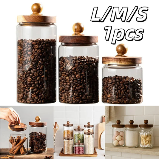 Glass Airtight Food Storage Jar with Wood Lid Kitchen Organizer Canister