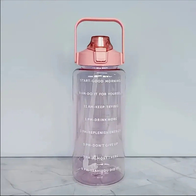 2L Large Water Bottle with Time Marker Straw and Portable Carry Handle