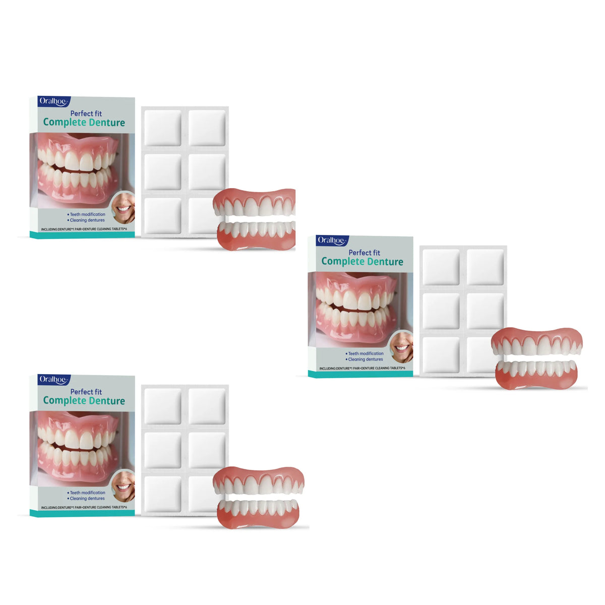 Oralhoe Cosmetic Denture Kit Upper and Lower Teeth with Cleaning Tablets