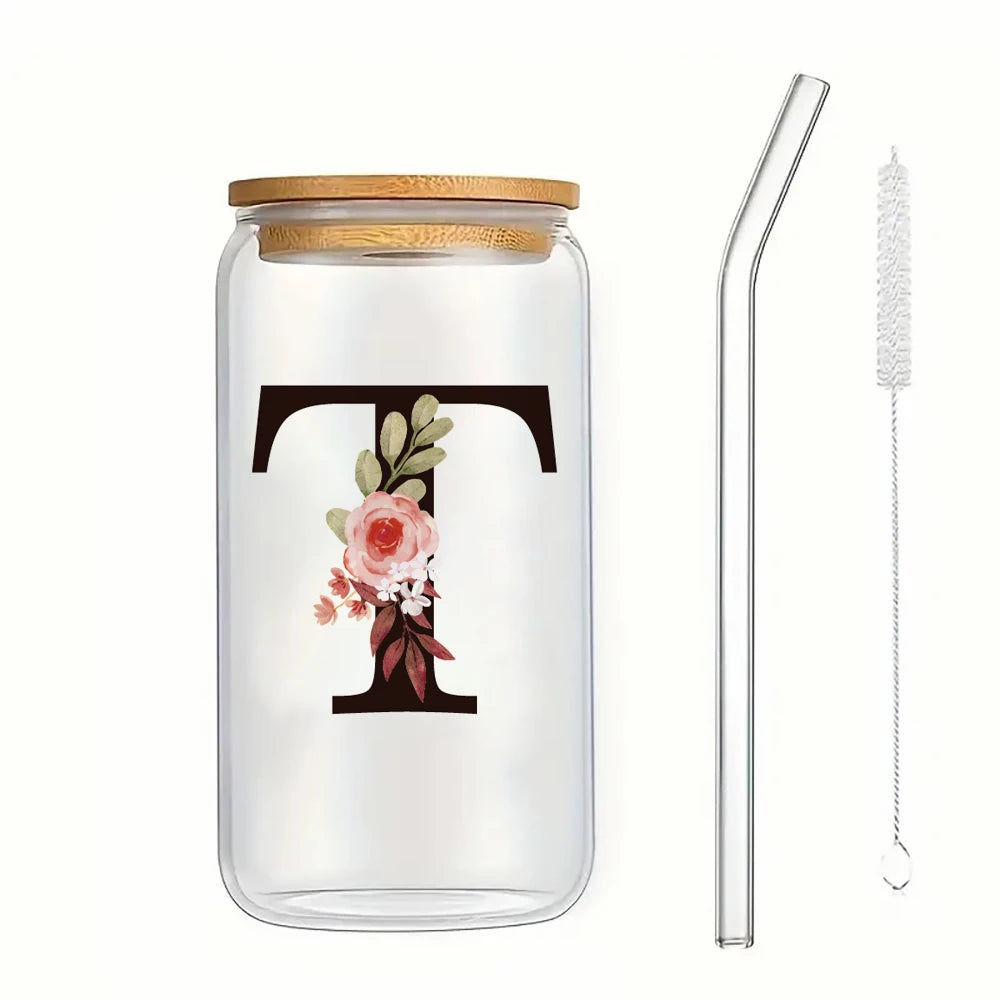 500ml Floral Alphabet Glass Cup with Bamboo Lid and Straw Coffee Mug